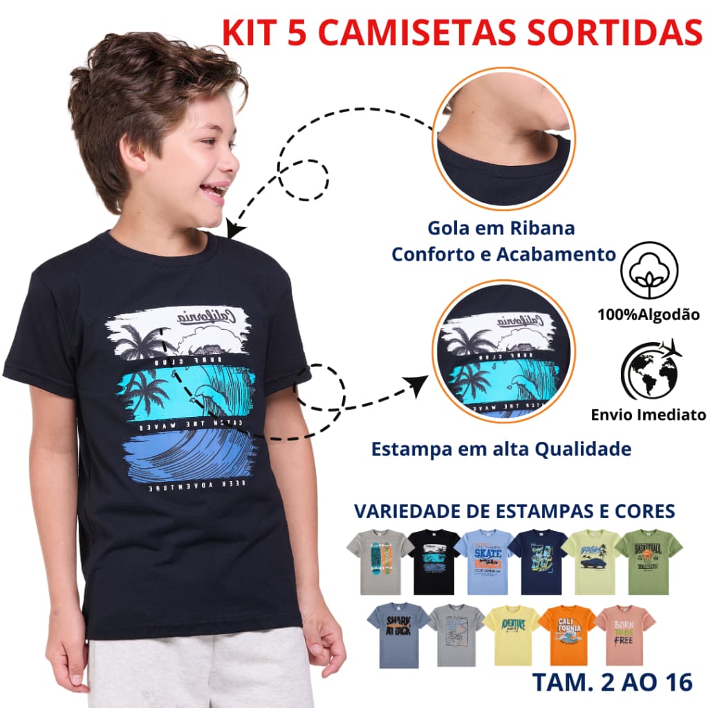 Kit Sortido 5 Camisetas Juvenil Menino em Meia Malha 10 ao 16 anos