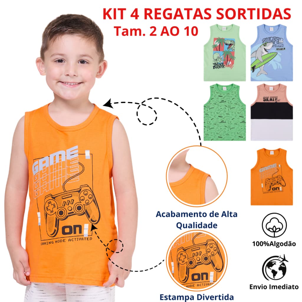 Kit 4 Regatas Infantil Menino em Meia Malha Estampadas 100% algodão 2 ao 10 anos