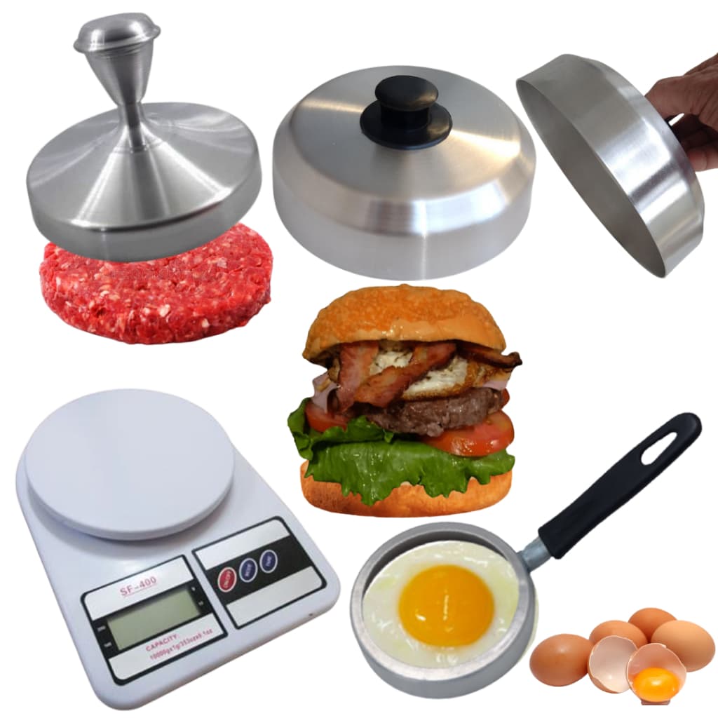 Forma Modelador Hambúrguer + 2 Abafadores Ovos Balança 10kg Molde Chapeiro Aro Fritar Abafar Lanches