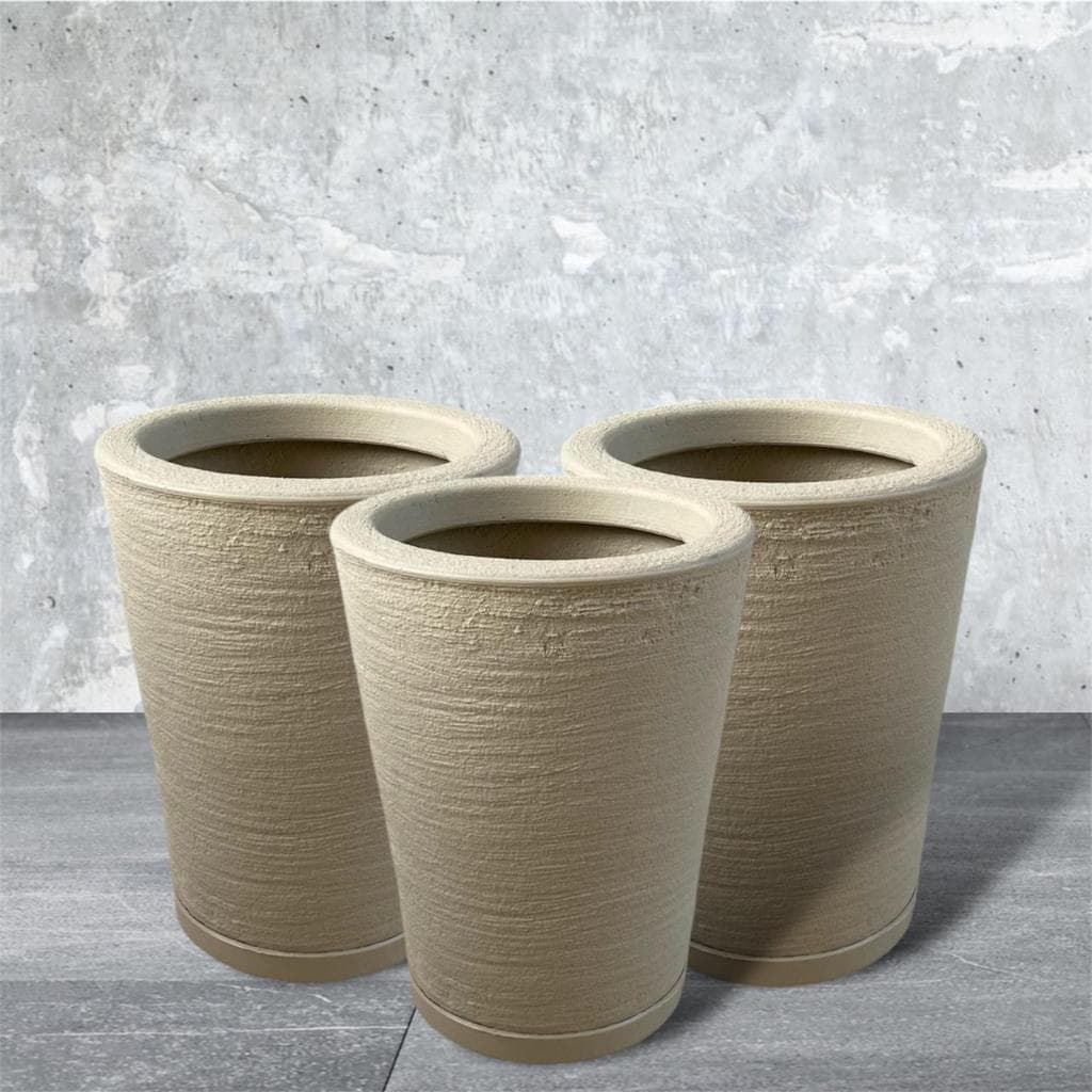 Kit 3 Vasos de Plantas Decorativo Polietileno Coluna Redonda Cone Texturizados Nº1 Com Prato