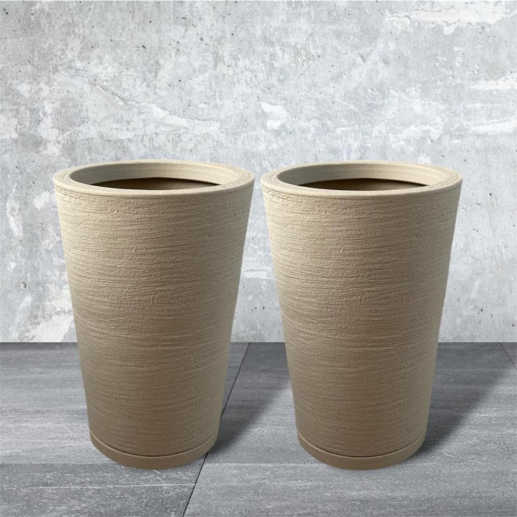 Kit 2 Vasos Moderno Texturizados Planta Coluna Redondo Escovado Decorativo Polietileno Nº2 (39x29) + Prato