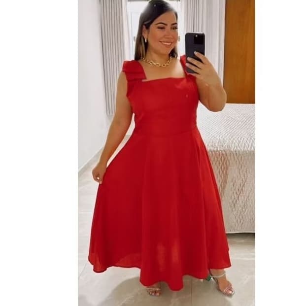 Vestido Midi Elegante Alça com Laço, Tecido Linho Plus Size e Slin Acinturado