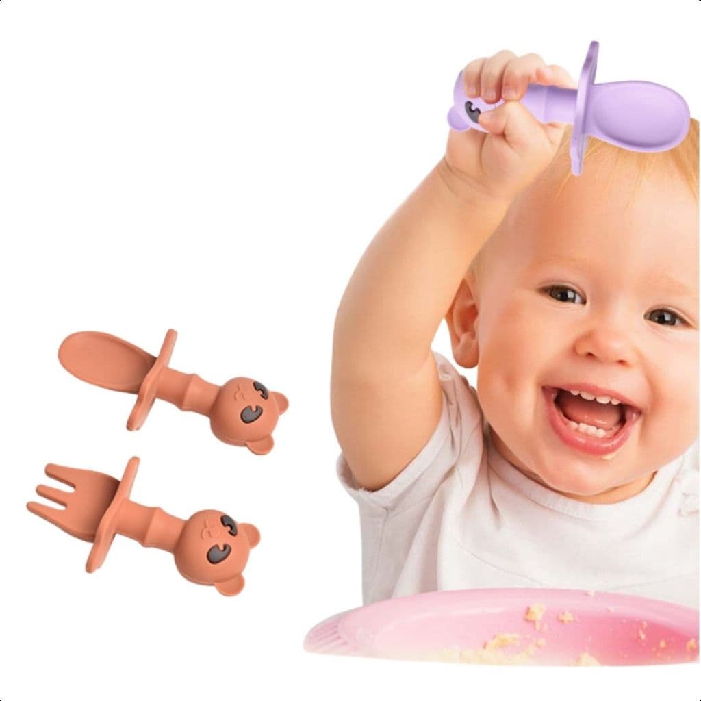 Kit Talheres Silicone Ursinho Colher Garfo Bebé Alimentação Introdução Alimentar