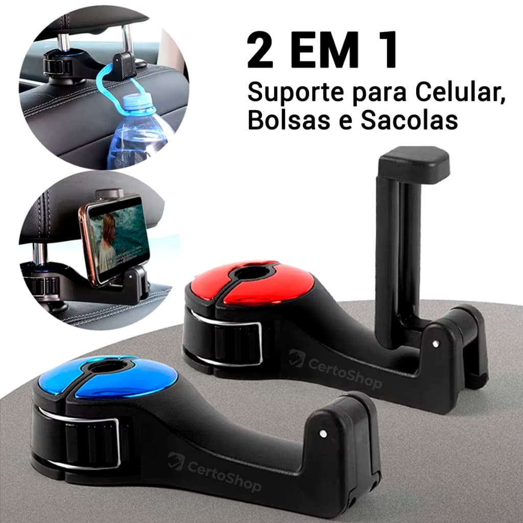 Suporte Veicular para Celular Carro Passageiro Encosto Banco 2 em 1 com Gancho para Sacola Bolsa