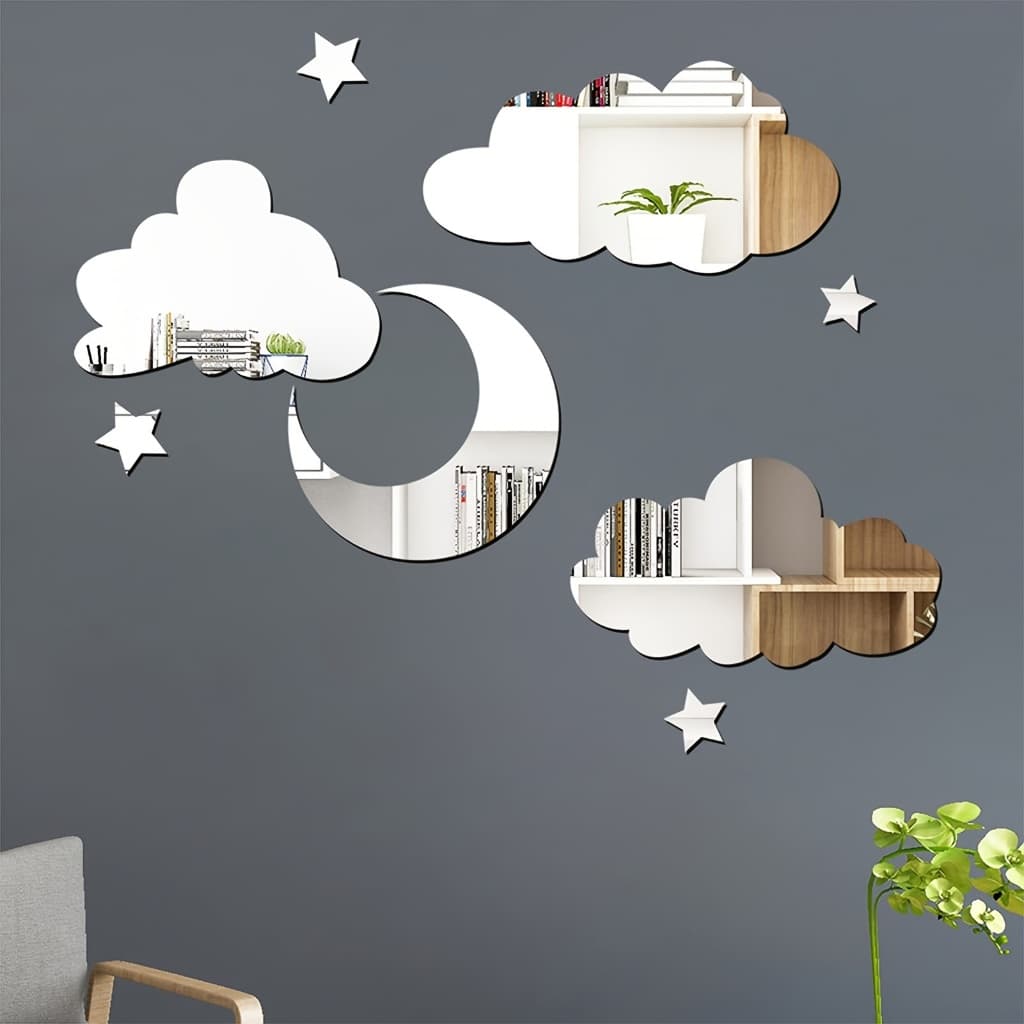 Conjunto de 8 Decalques de Parede Nuvem, Estrela & Lua | Espelho Acrílico | Decoração Moderna