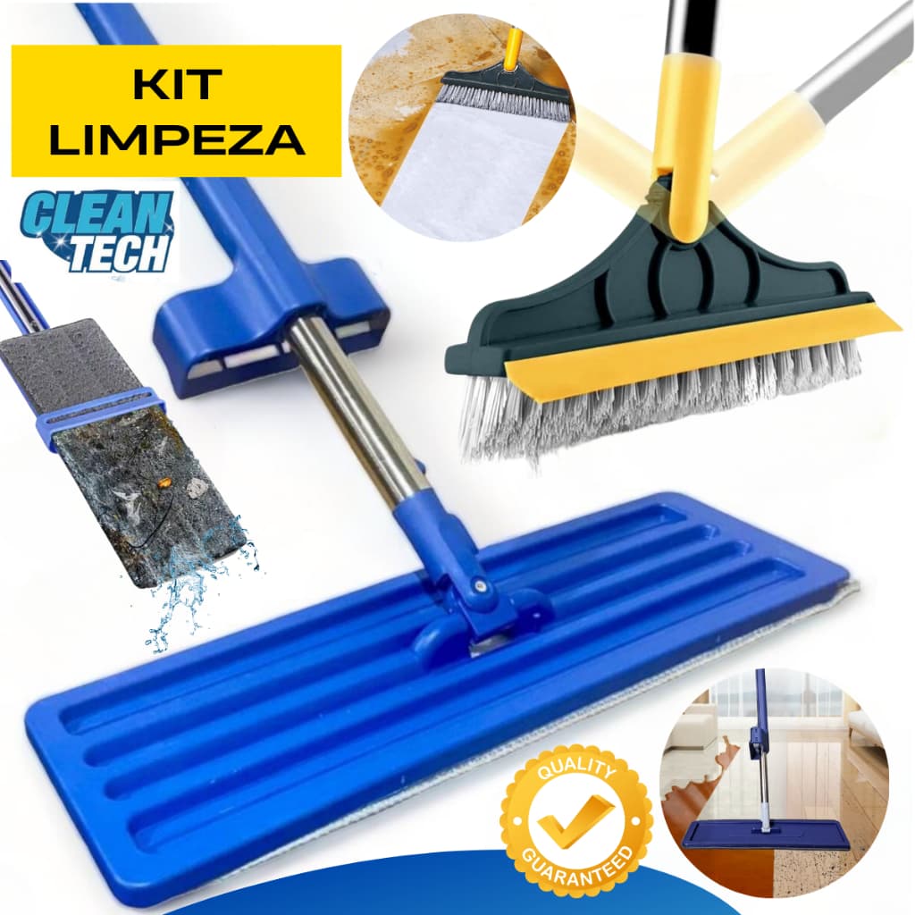 Esfregão Mop Giratório Limpeza Banheiro Chão Janela Teto + Vassoura Rodo 2x1 Escova para Cantos Box