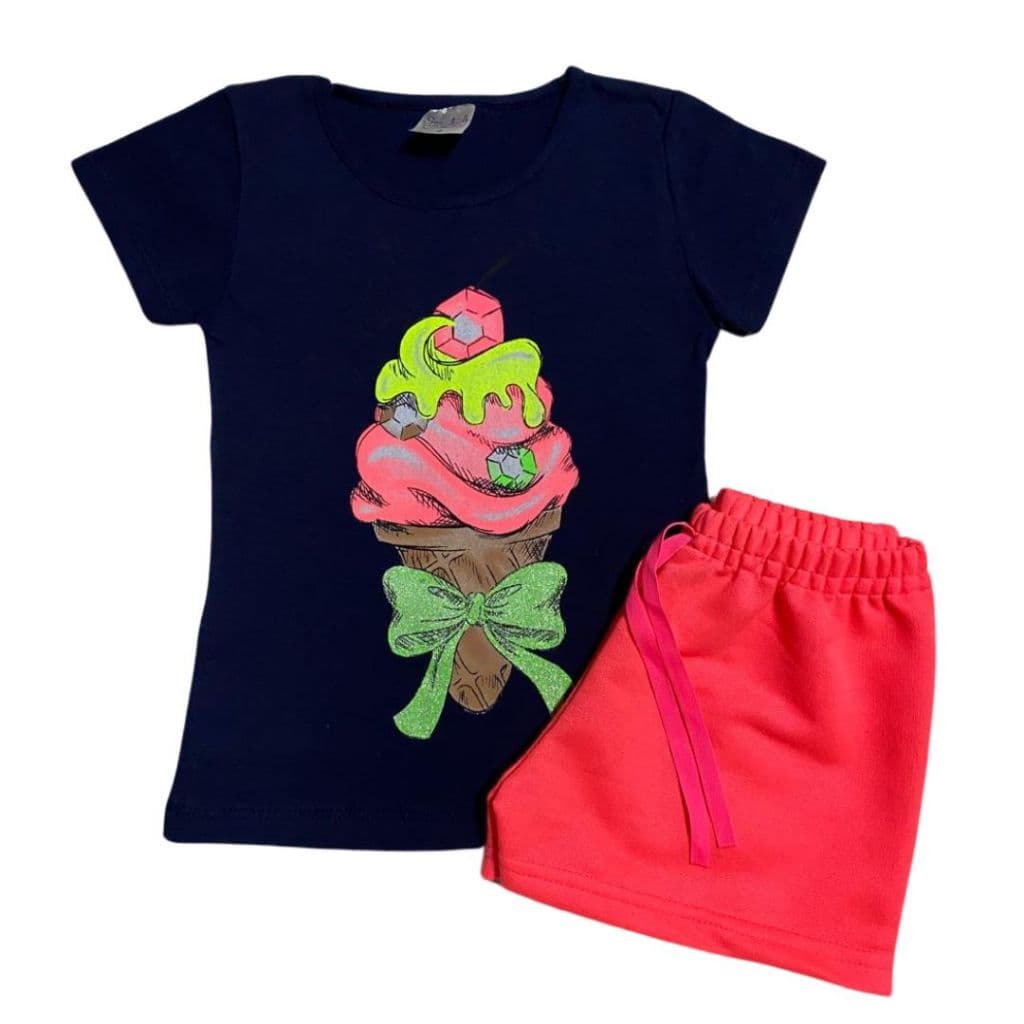 Conjunto de Verão de Menina Infantil 1 Camiseta 100% Algodão + 1 Shorts