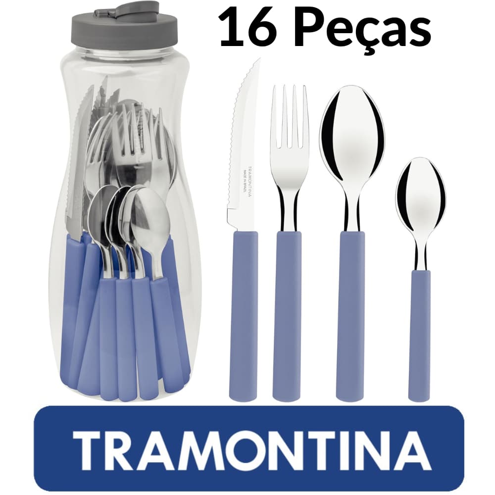 Faqueiro Jogo de Talheres Tramontina Gamboa Com Squeeze 16 Peças Inox e Plástico Casa Cozinha