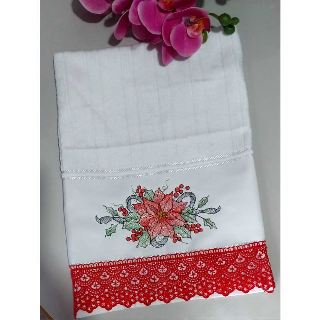 Toalha de rosto com bordado natalino e renda, Toalha natalina, toalha bordada, toalha de natal