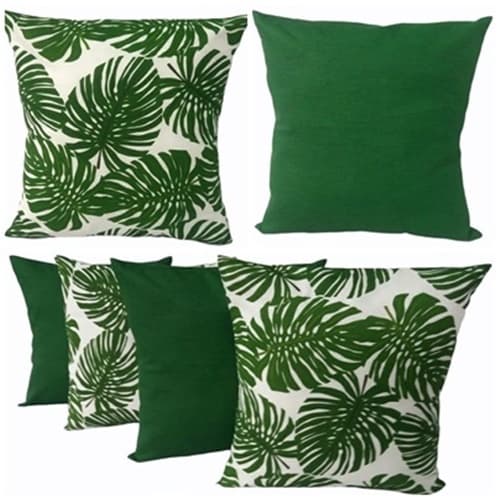 KIT 6 CAPAS ALMOFADAS 45 X 45 CM 3 ESTAMPADAS COSTELA DE ADÃO VERDE E 3 LISAS VERDE COM ZÍPER