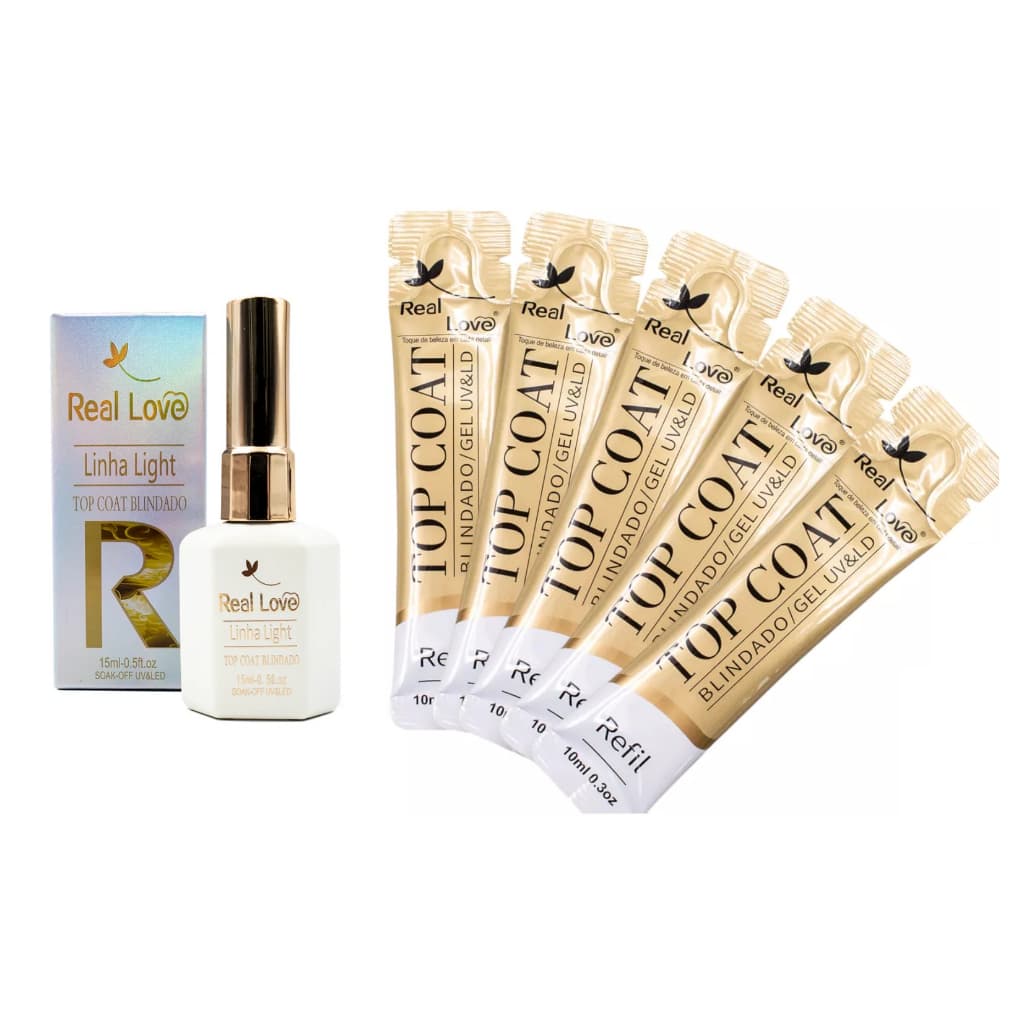 Kit Top Coat Blindado + 5 Refil Top Coat Blindado Real Love Finalizador Unhas Gel