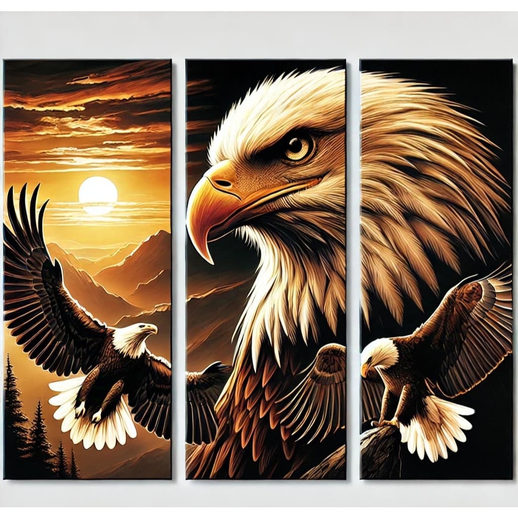Trio kit quadro águia imponente desafio inspiração 3 peças 60x22cm