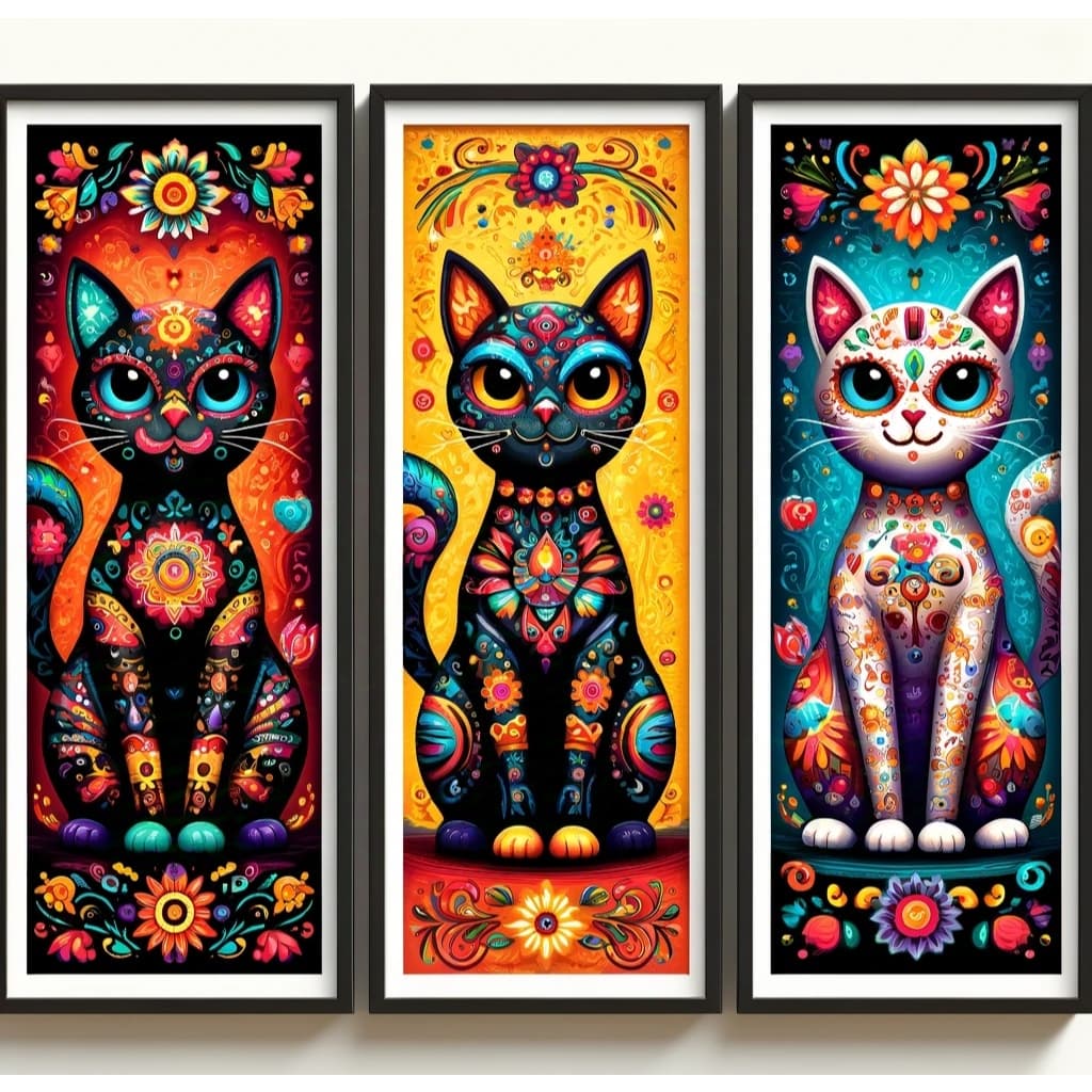 Kit trio quadros gatos mexicanos 3 peças 60x22cm