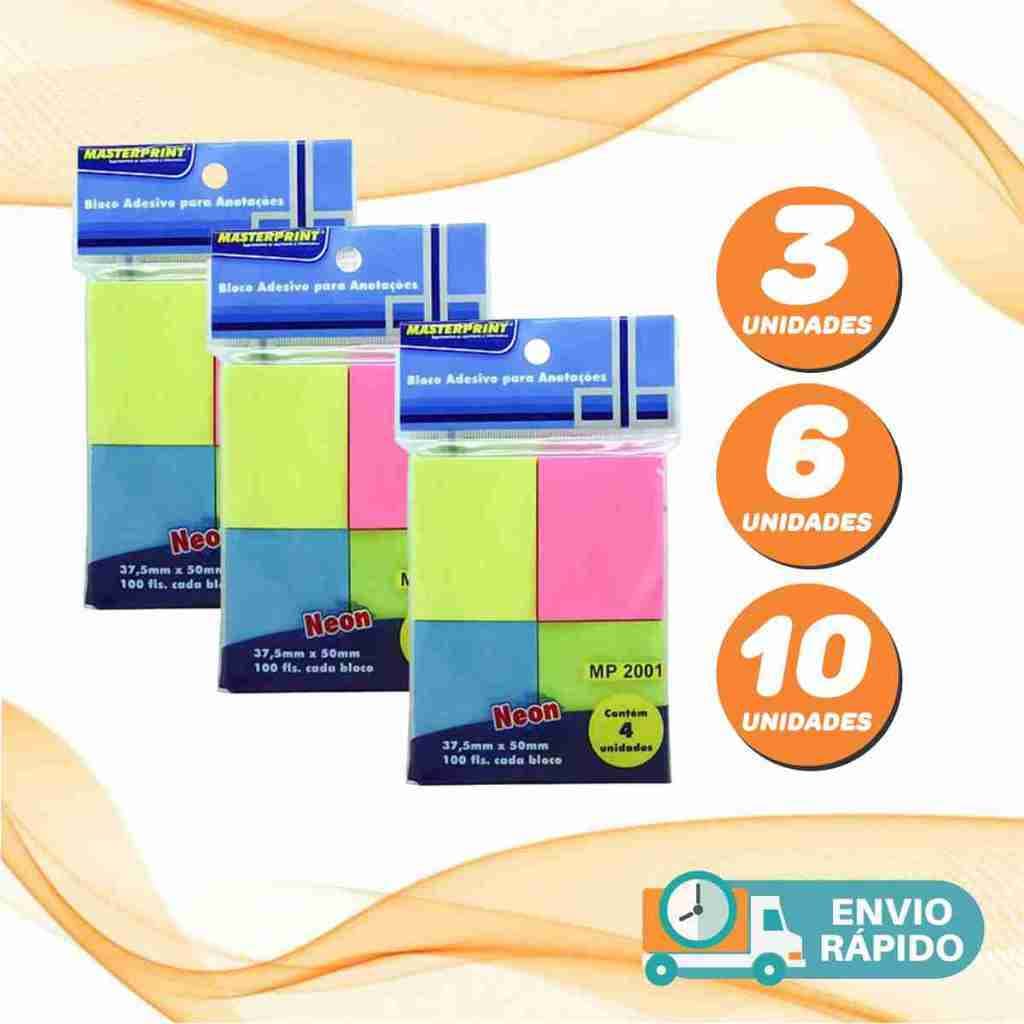 Kit 10 Bloco ADESIVO para Anotações 3,7x5cm Post It Cores Neon