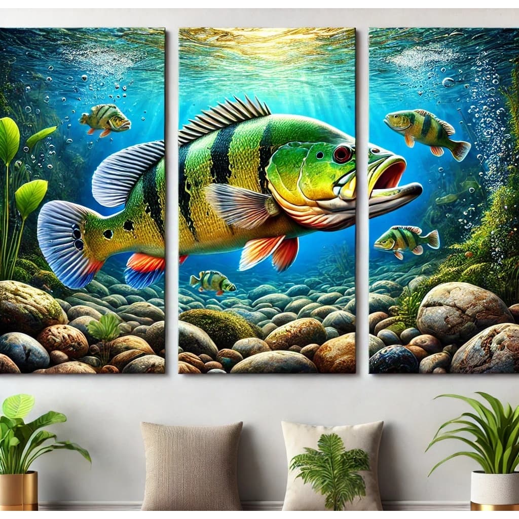Kit quadro tucunaré pescaria pescador 3 peças 60x40cm
