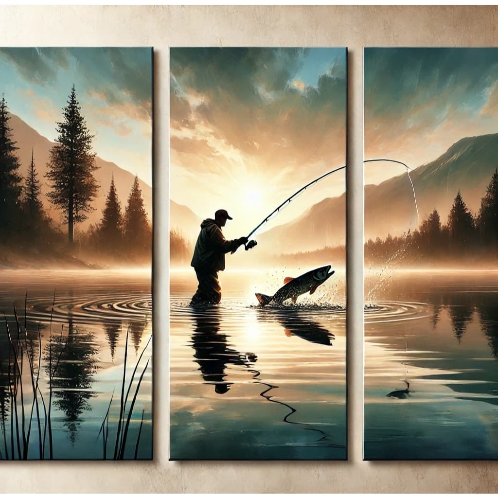Quadro decorativo pescador fanático pesca esportiva 3 peças 60x22cm