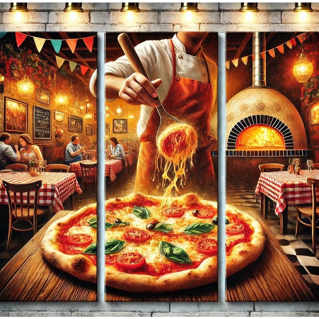 Kit quadro pizzaria moderna pizzaiolo profissional 3 peças 60x22cm