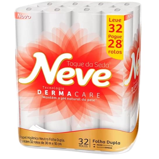 Neve Papel Higiênico Toque de Seda Folha Dupla, 30m, Leve 32 Pague 28 Rolos