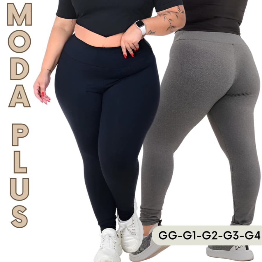 Kit 2 Calças Legging Plus Size Feminina Leg Suplex Cintura Alta  Costura Reforçada Fitness Levanta Bumbum