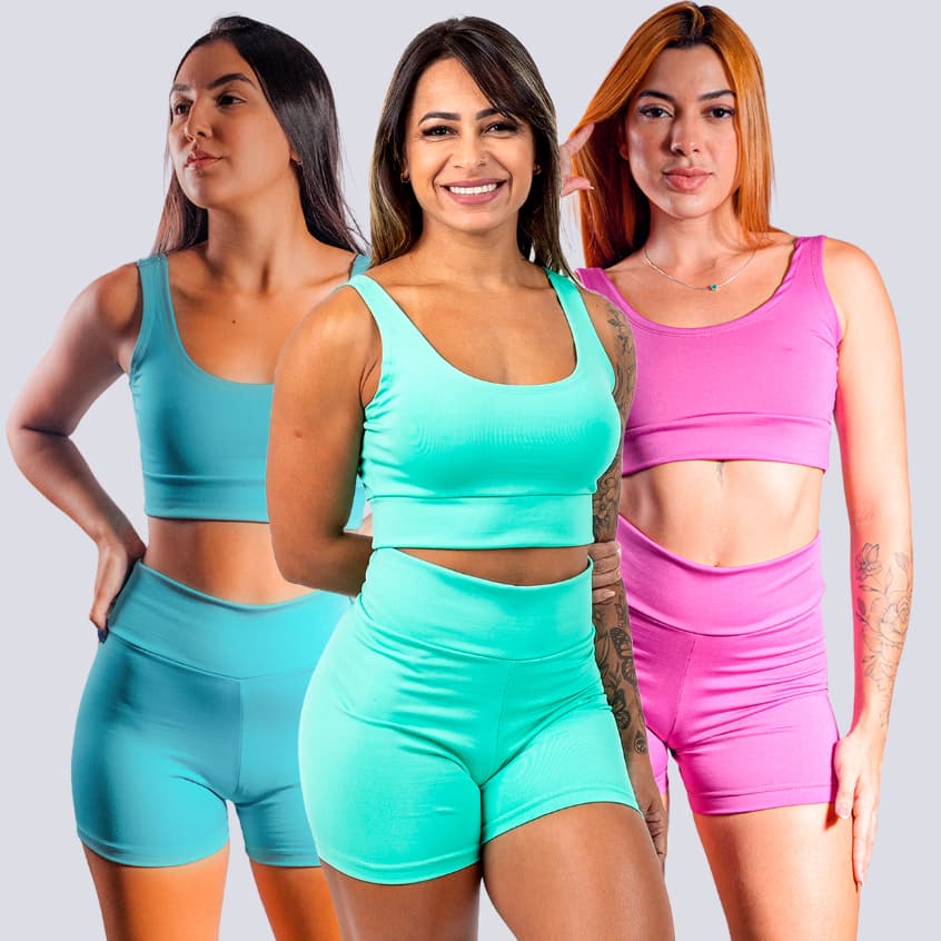 Kit 3 Conjuntos Fitness Short e Top Academia Cintura Alta Suplex