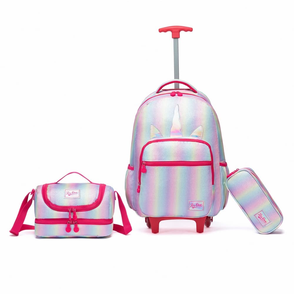 Kit Mochila Rodinha Unicórnio Juvenil Escolar Lancheira Térmica Estojo Organizador
