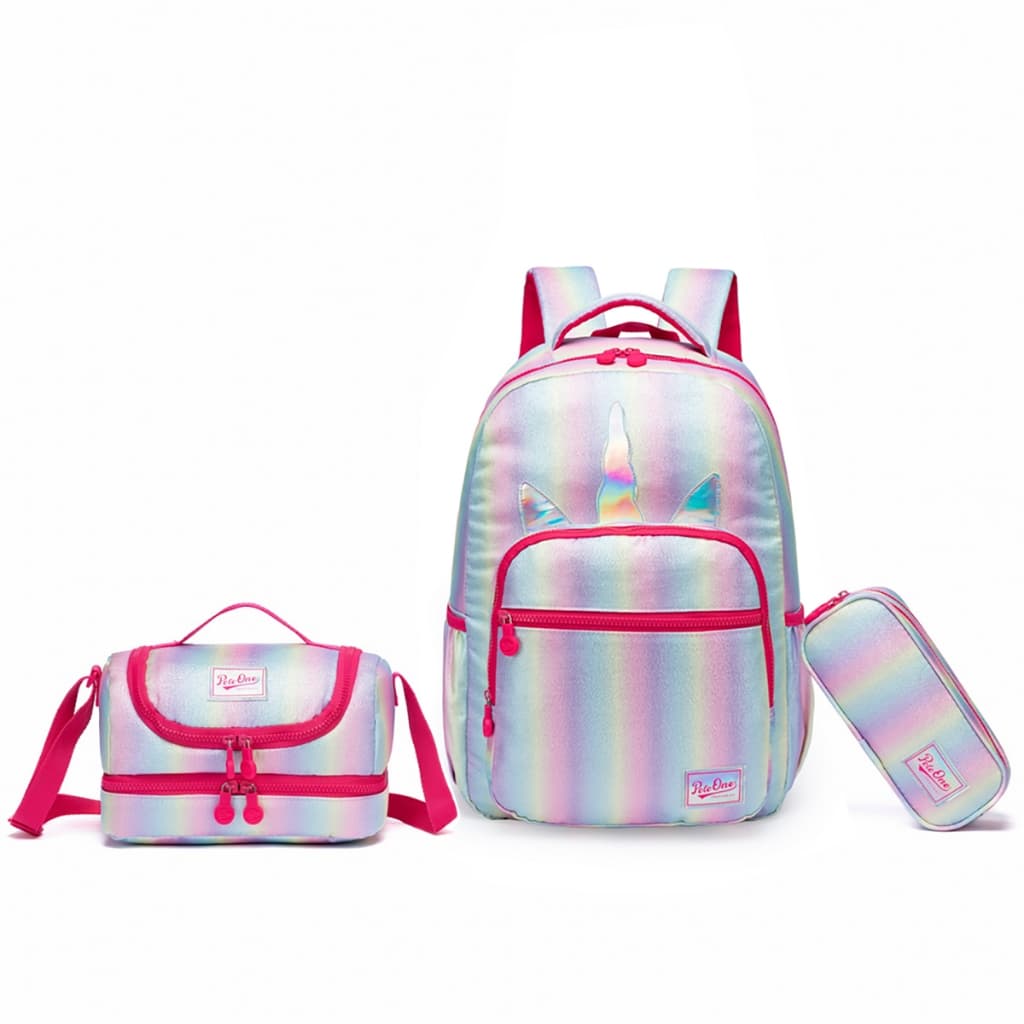 Kit Mochila Unicórnio Feminina Rosa Juvenil Escolar Lancheira Térmica Estojo Organizador