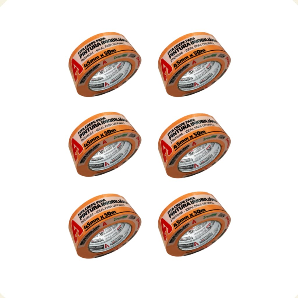 Kit 6 Unidades Fita Crepe Laranja - Pintura imobiliária Remoção Limpa 45mm x 50m Adere