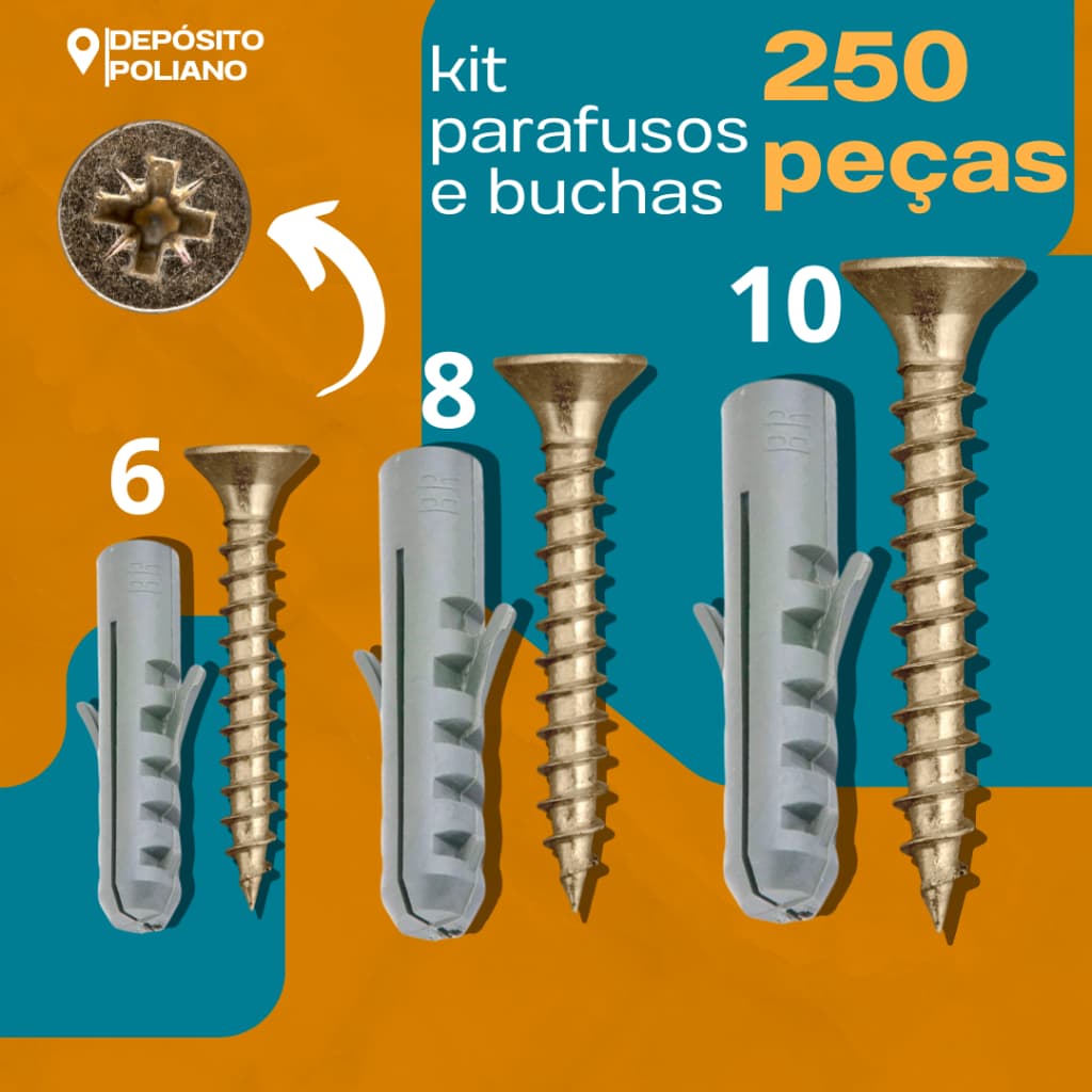 Kit Parafuso com Bucha 6 8 10 sem Anel Aba 250 pçs Parafusos Philips Buchas 6mm 8mm 10mm