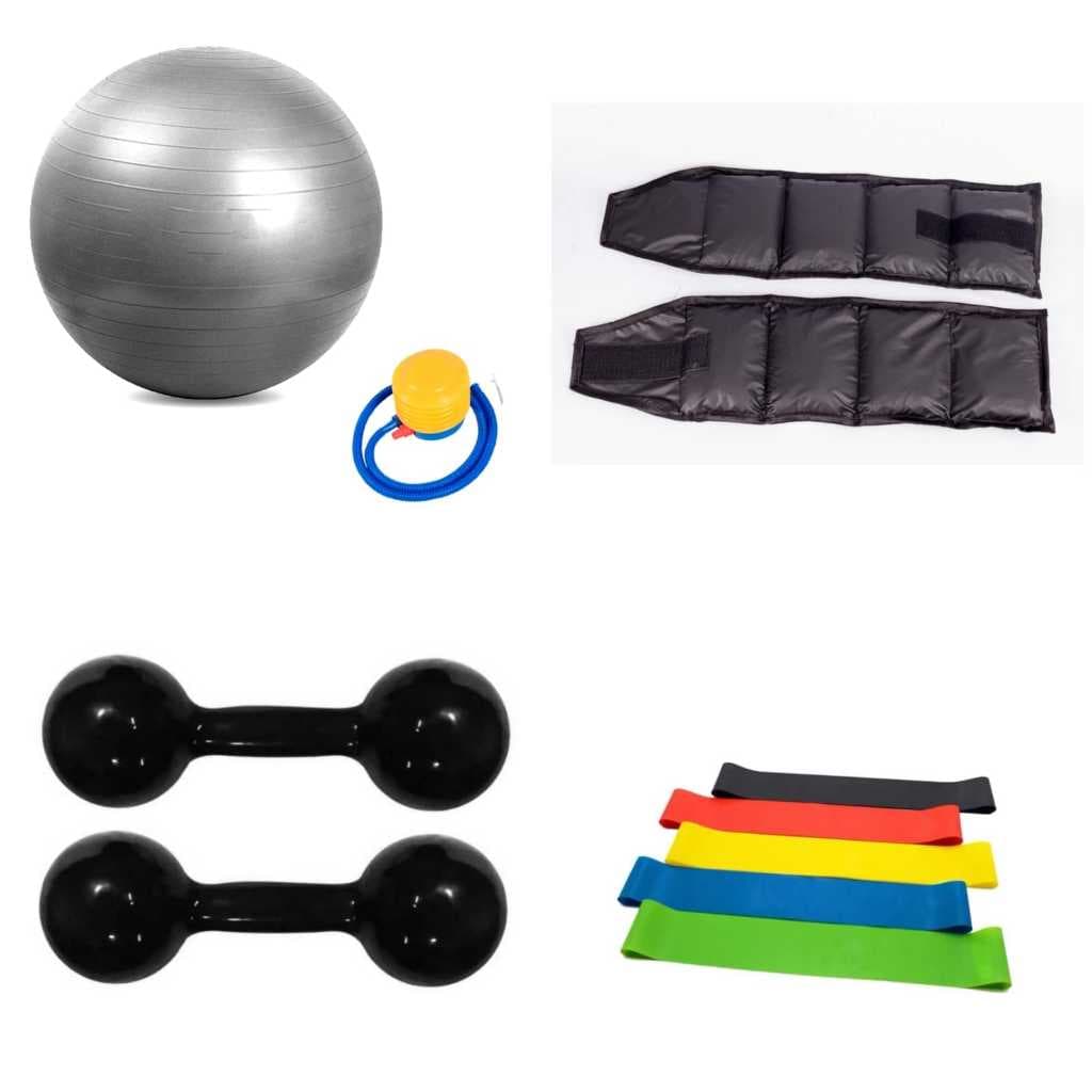 Combo Fisioterapia: Halteres 1kg Preto + Caneleira 1kg + Bola Pilates + Mini Band