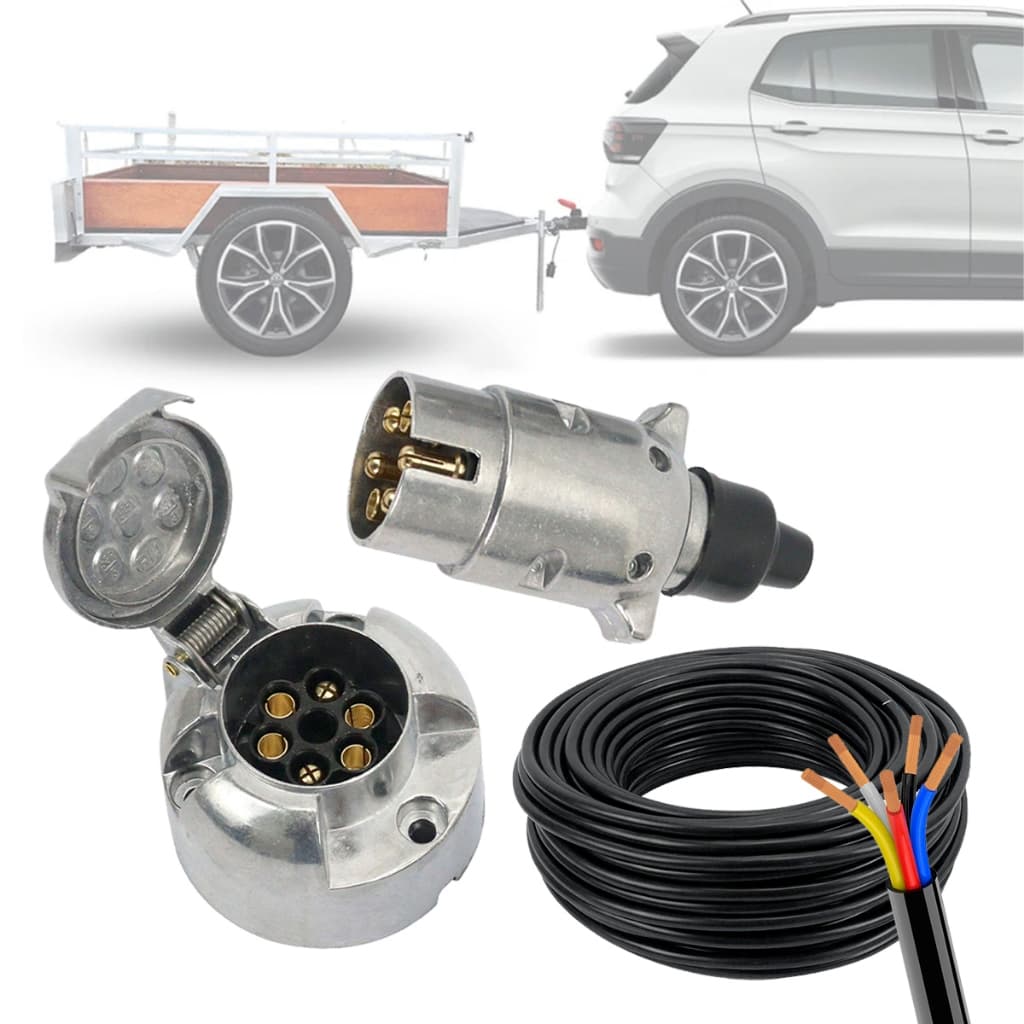 Kit Tomada Engate 6 Polos Carretinha Cromado + 5m Cabo PP 5x1mm Reboque Qualidade Carros Bivolt