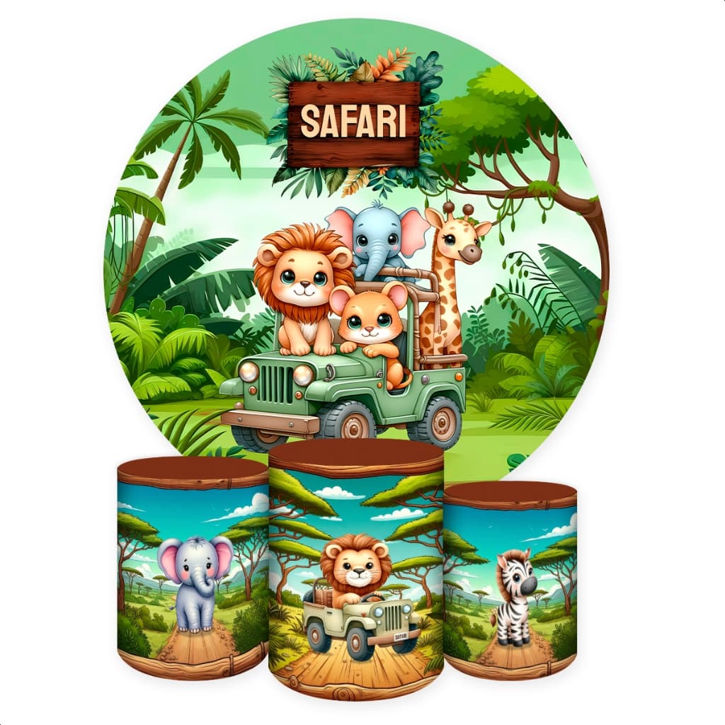 Kit Painel Redondo + Capas de Cilindro Sublimados Para Festa Tema Safari
