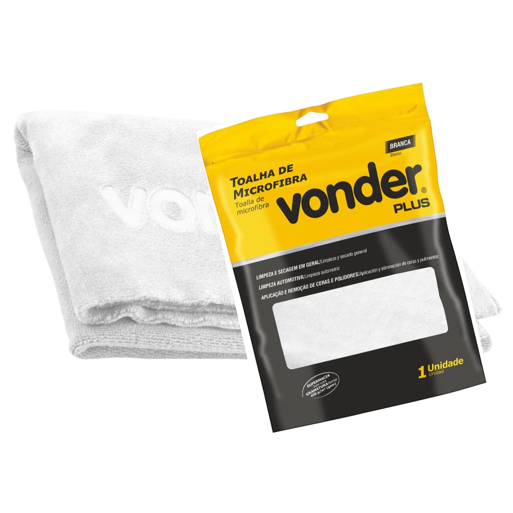Toalha de Microfibra 40x60cm 400g/m²(gsm) branca VONDER Limpeza e secagem em geral, Automotiva Aplicação remoção de cera