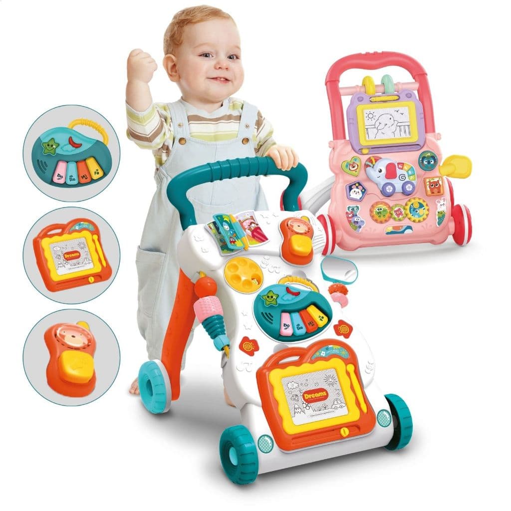 Andador de Empurrar Didático Brinquedo Educativo com Teclado Musical e Lousa Mágica