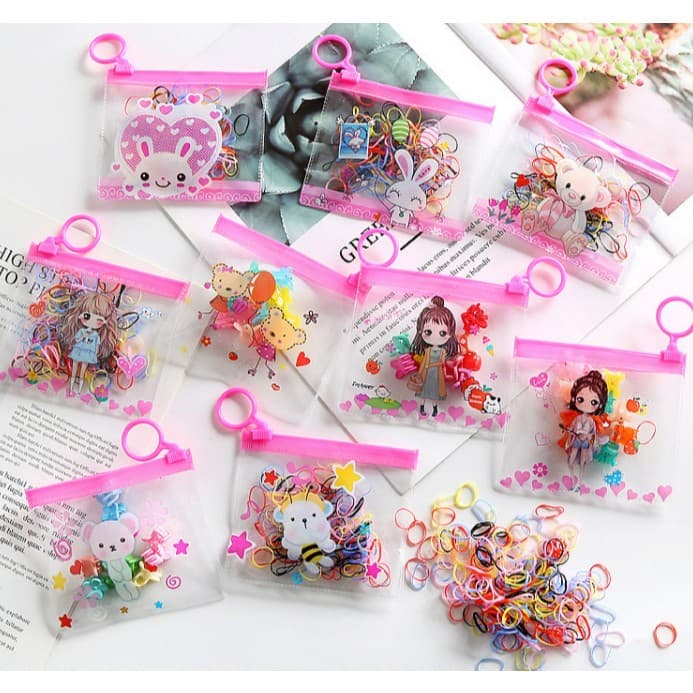 kit 12 bolsinha com 100 Peças Elástico De Cabelo 1200 Peças Feminino Saco ziplock de desenho animado