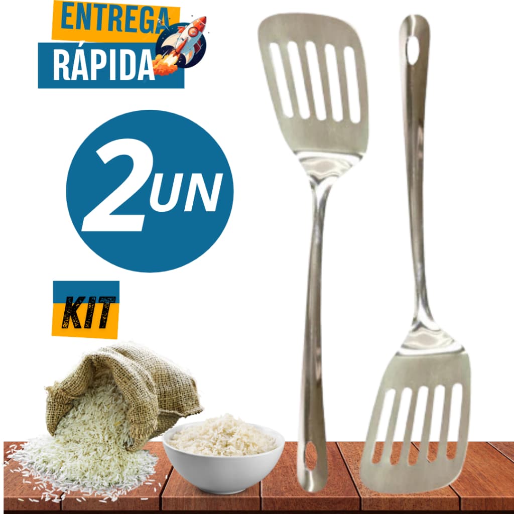 Jogo 2 Espátulas Vazadas Perfuradas em Inox Grande Casa Cozinha Buffet