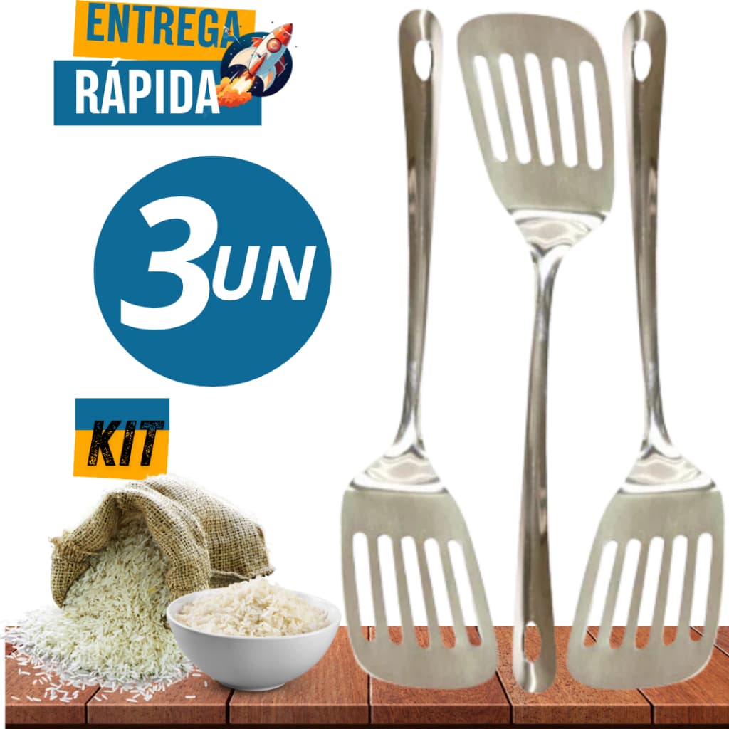 Jogo 3 Espátulas Vazadas Perfuradas em Inox 21,5cm Grande Casa Cozinha Buffet