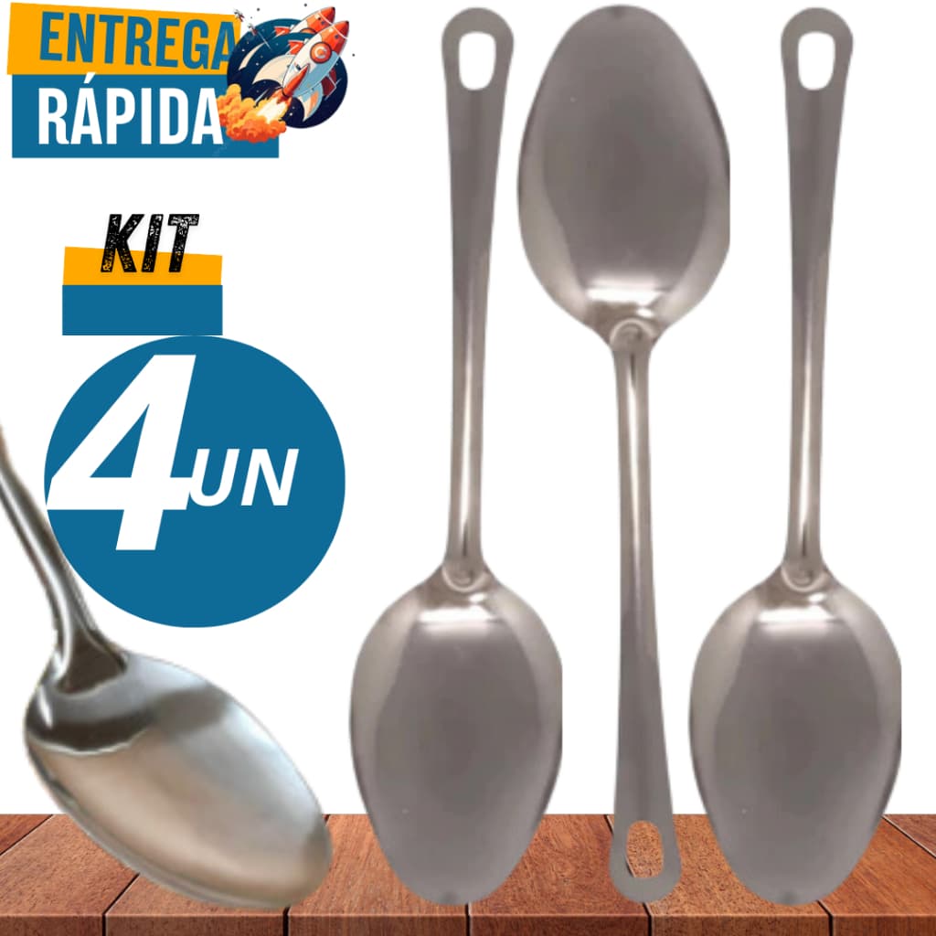 Jogo 4 Colheres de Arroz Grande Cozinha Inox Casa Restaurante Buffet 26cm