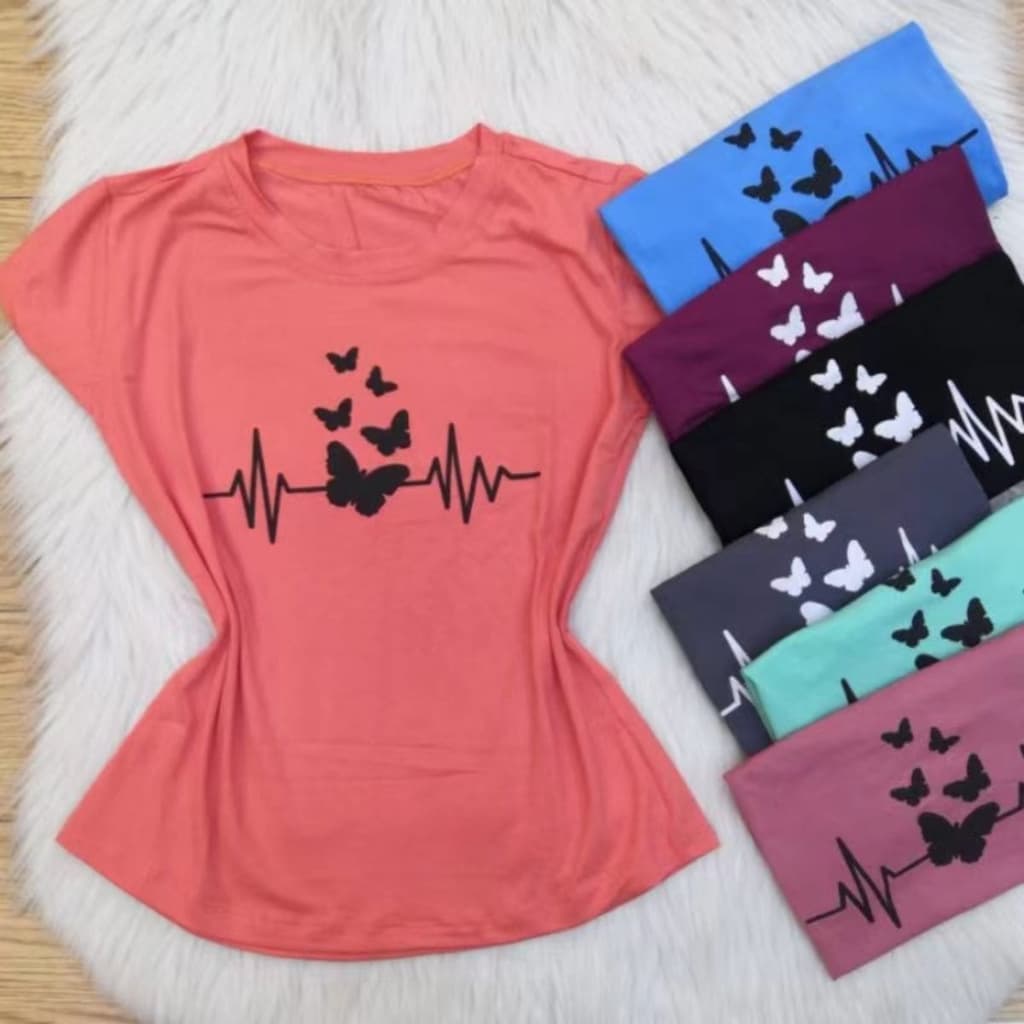 Blusinha Básica Baby Look Camiseta Viscorycla Estampa Borboleta
