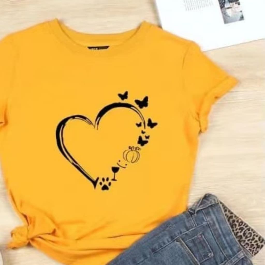 Blusinha Básica Baby Look Camiseta Viscorycla Estampa Coração Borboleta