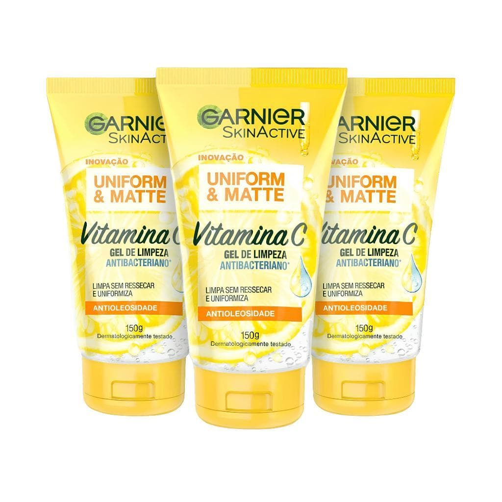 Kit 3 Gel de Limpeza Facial Antibacteriano Garnier Uniform & Matte Vitamina C, 150ml