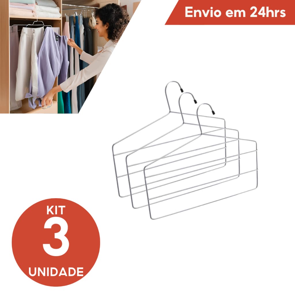 Kit 3 Cabides Para Calça Triplo Em Aço Cromado Cabideiro Guarda Roupa