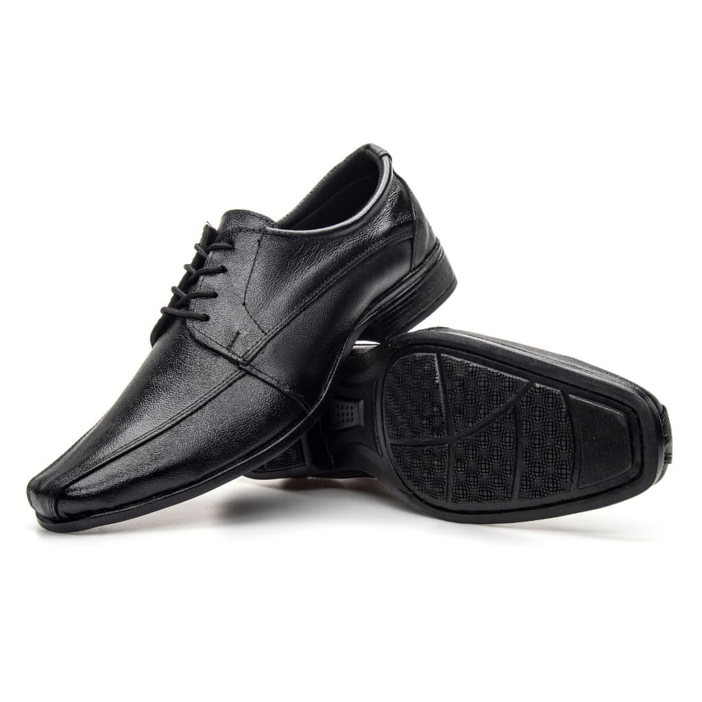 Sapato Masculino Social Preto em Couro com Cadarço Bico Quadrado Antiderrapante