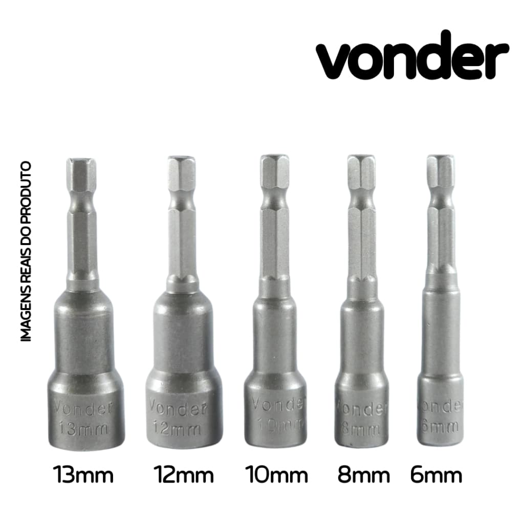 Kit Bits Soquete Canhão Magnético 5 - 1/4" peças Jogo Vonder Parafusadeira 6 a 13mm