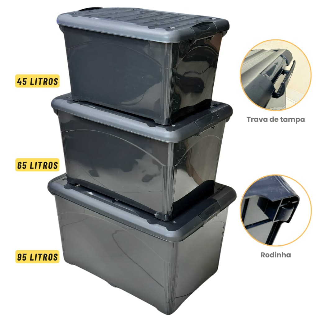 Caixa Organizadora Container 45L 65L 95L Com Tampa Trava e Rodinha Resistente Empilhavel Organização