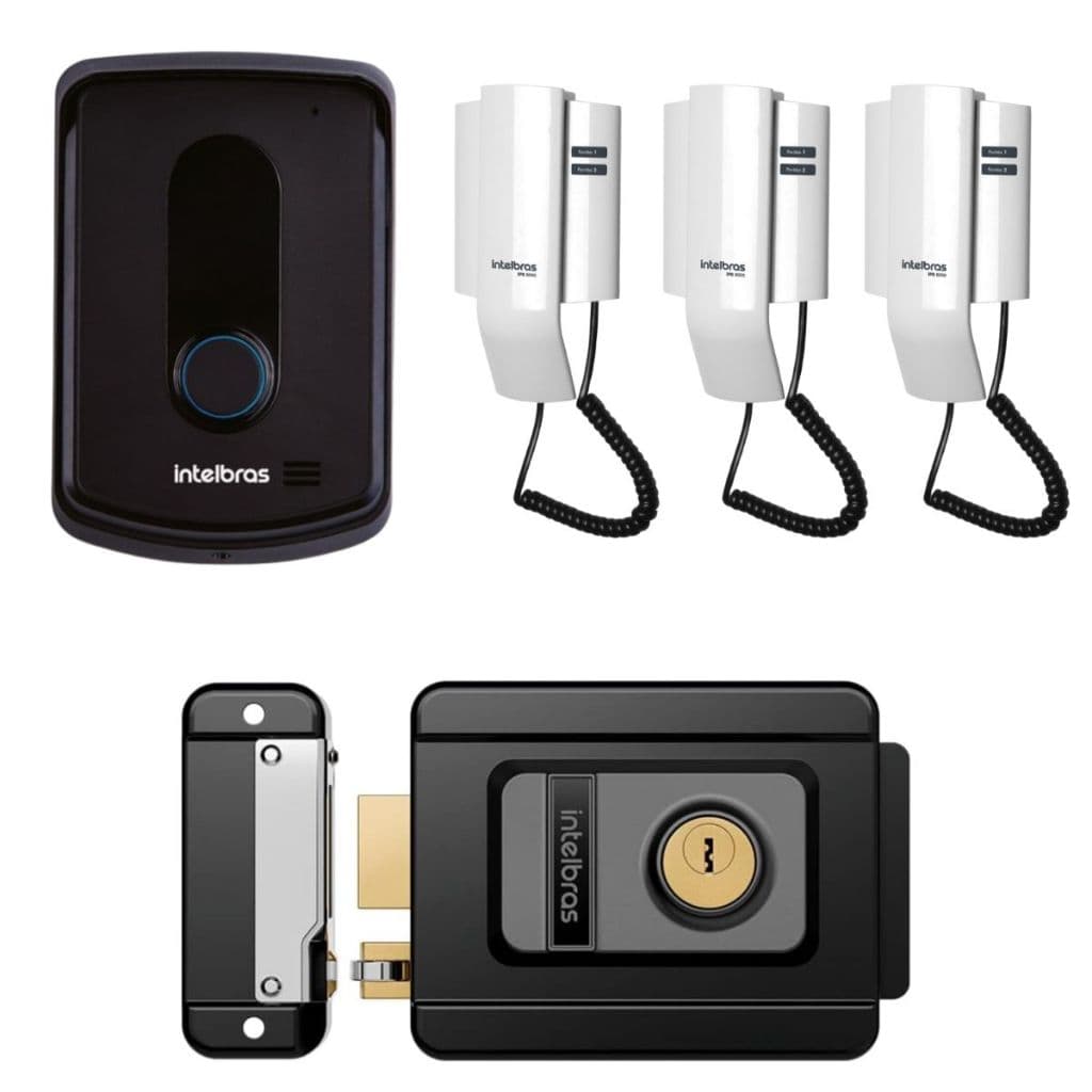 Kit Interfone Campainha Porteiro Residêncial Ipr8010 Com 3 Extensões Audio e Fechadura Fx 1500