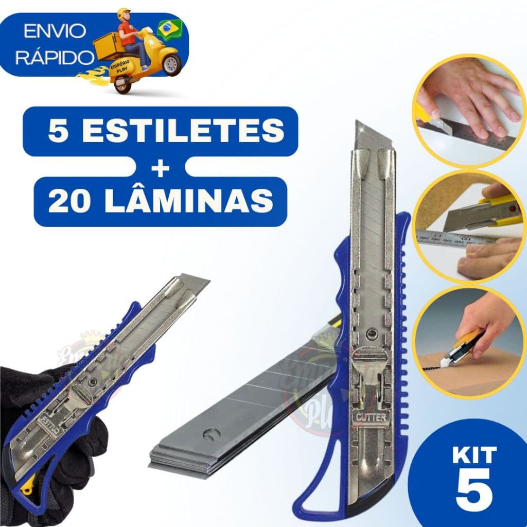 Kit Estilete Profissional 18mm Com Trava Aço Maciço Com Lâminas Reserva Papel Tecido Pasticos