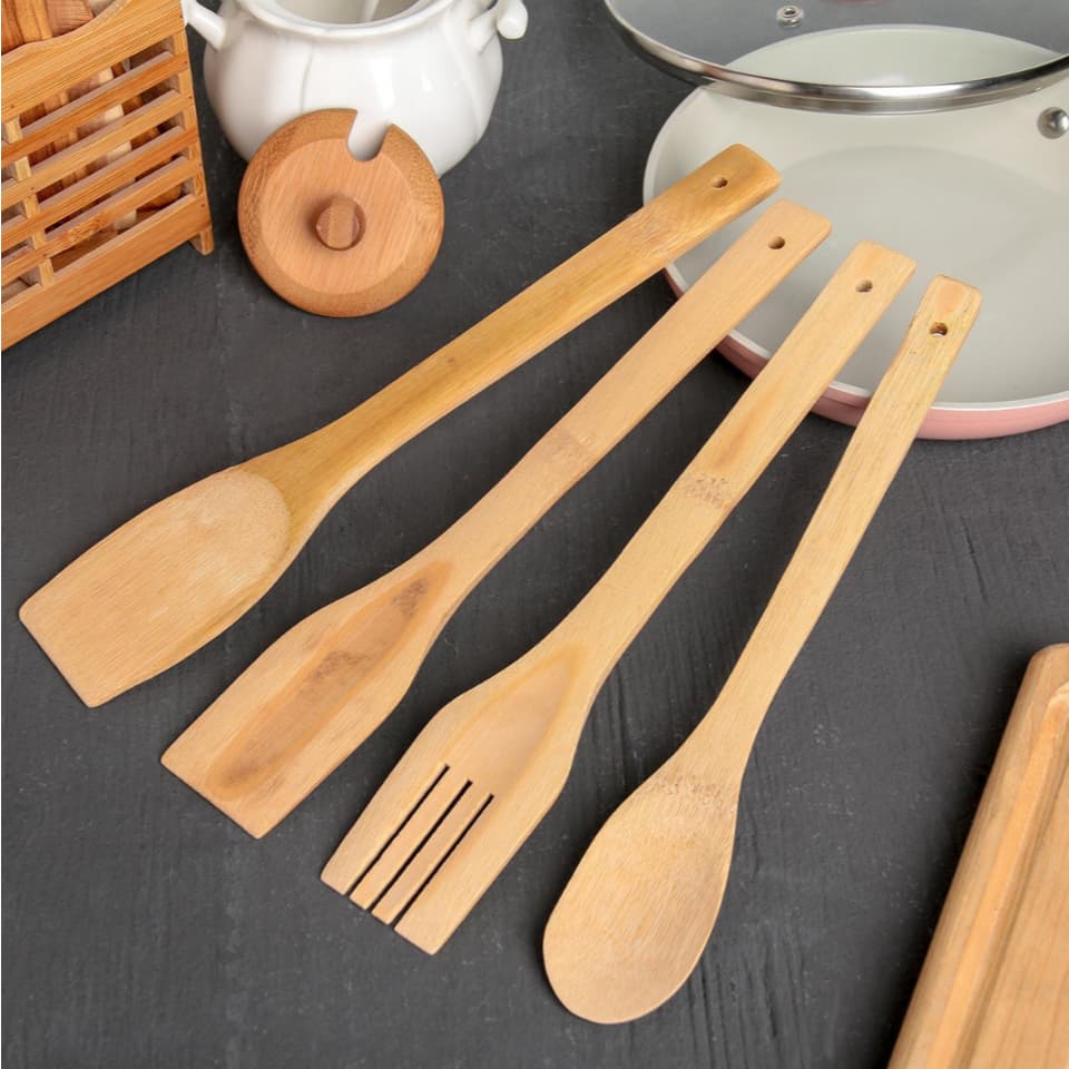 Kit de Utensílios de Cozinha em Bambu – 4 Colheres + Suporte Porta Talheres