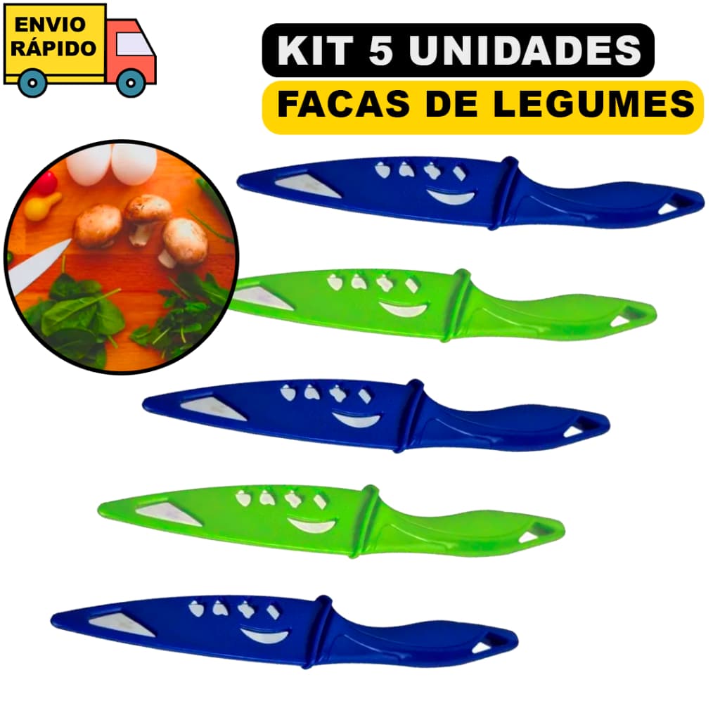 Faca De Legumes Coloridas Kit Com 5 Peças Jogo De Aço Inox Para Cozinha, Churrasco Frutas Facas Afiada