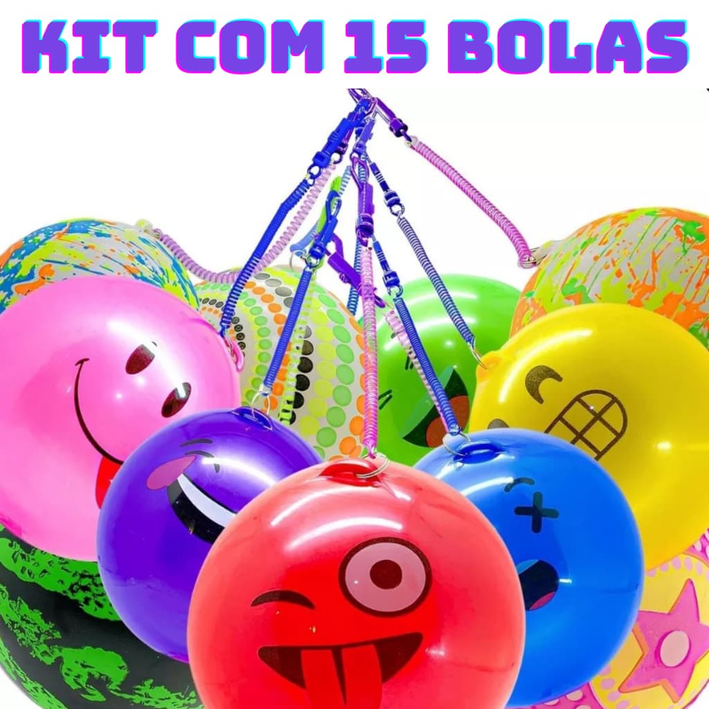 Kit com 15 Bolas de Vinil Borracha Poing Poing com Cordão e Mola - Kit
