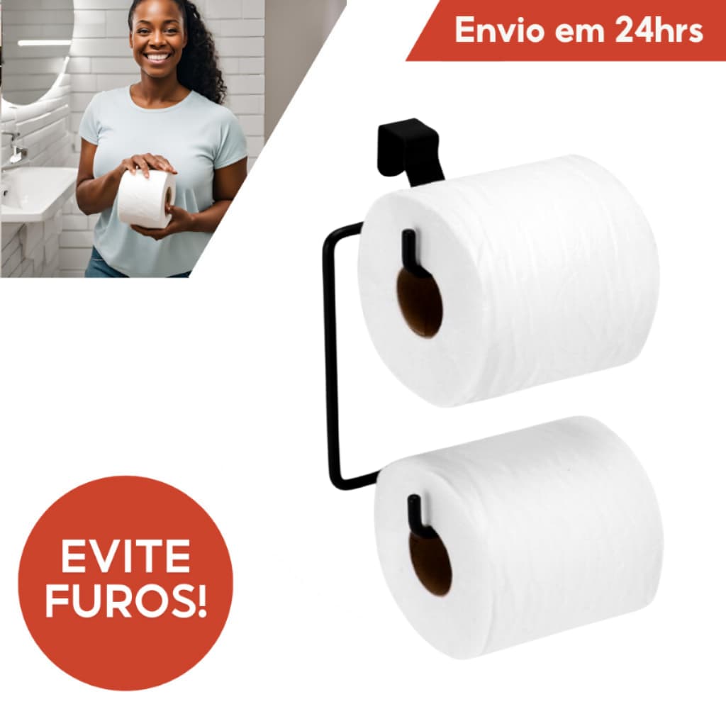 Suporte Porta Papel Higiênico Preto Duplo Acoplada Aço Preto